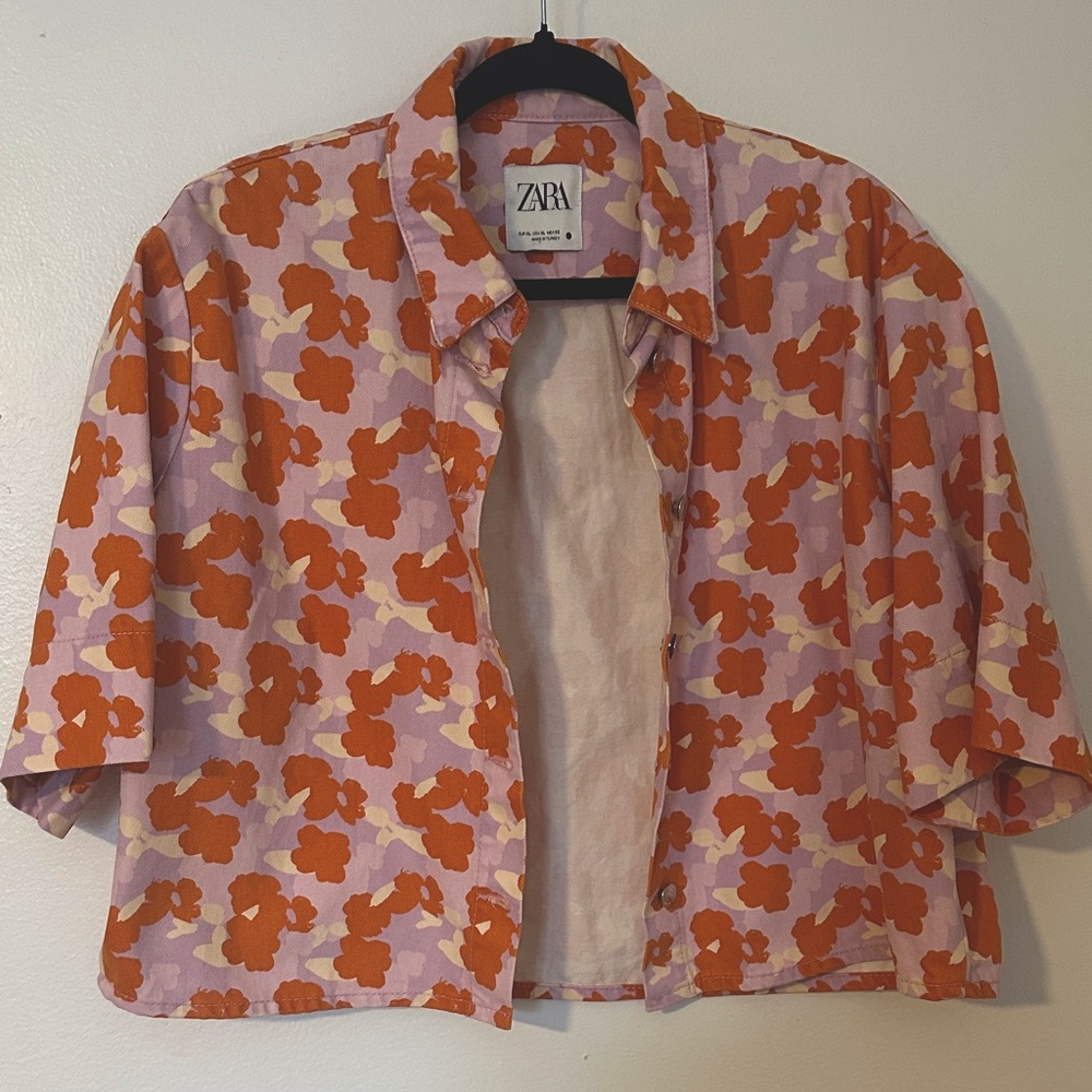 Zara Cropped Floral Denim Jacket
